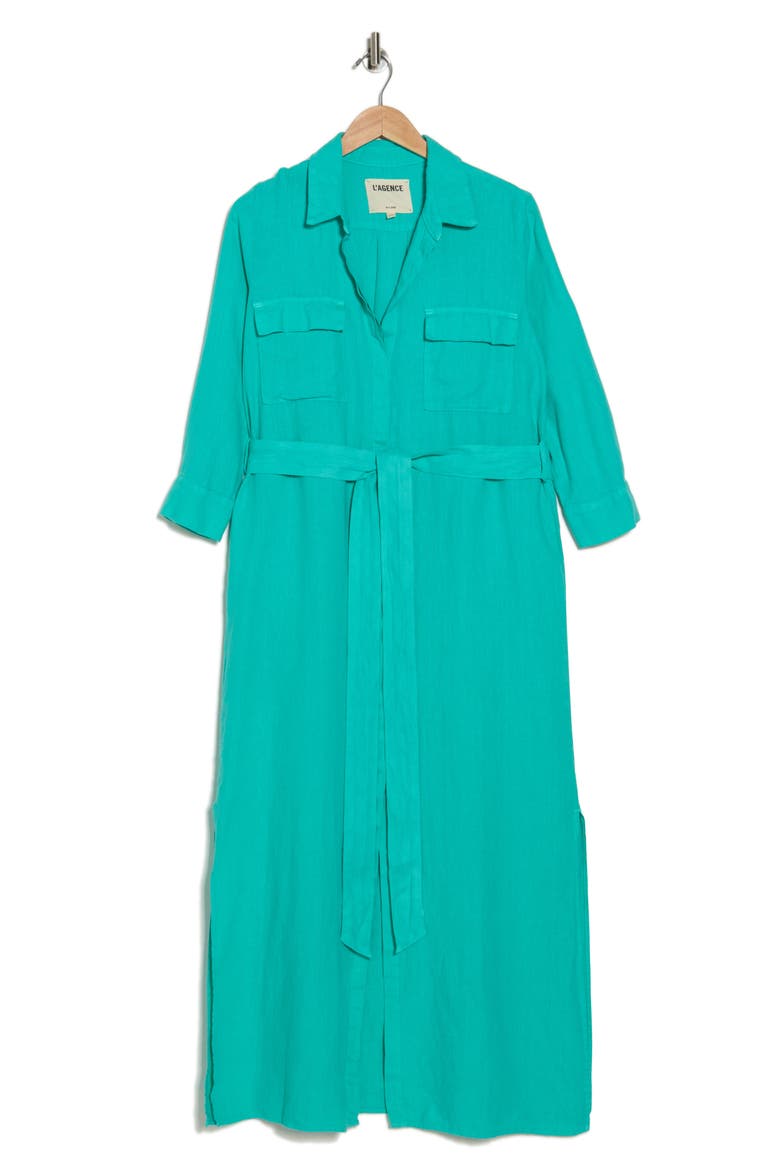 Cameron Long Sleeve Linen Maxi Shirtdress, Alternate, color, SPEARMINT