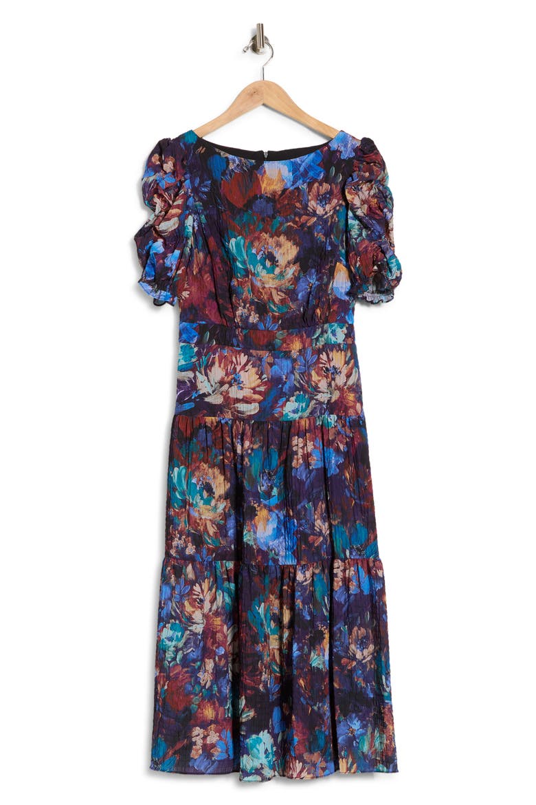 Floral Puff Sleeve Tiered Midi Dress, Alternate, color, BLUE MULTI