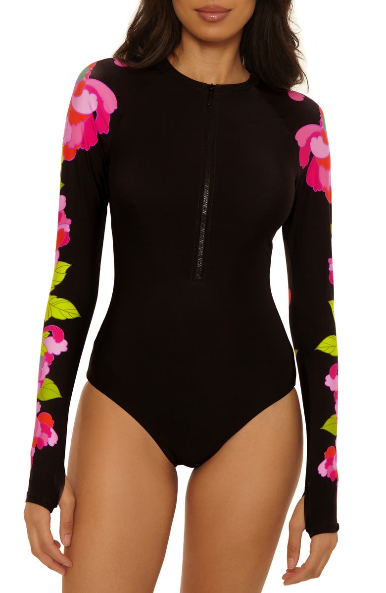 Trina Turk Bougainvillea Long Sleeve UPF 20+ One-Piece Rashguard Swimsuit, Main, color, Multi