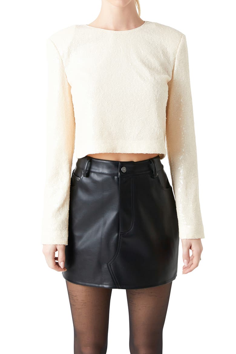 Power Shoulder Sequin Crop Top, Alternate, color, CREAM