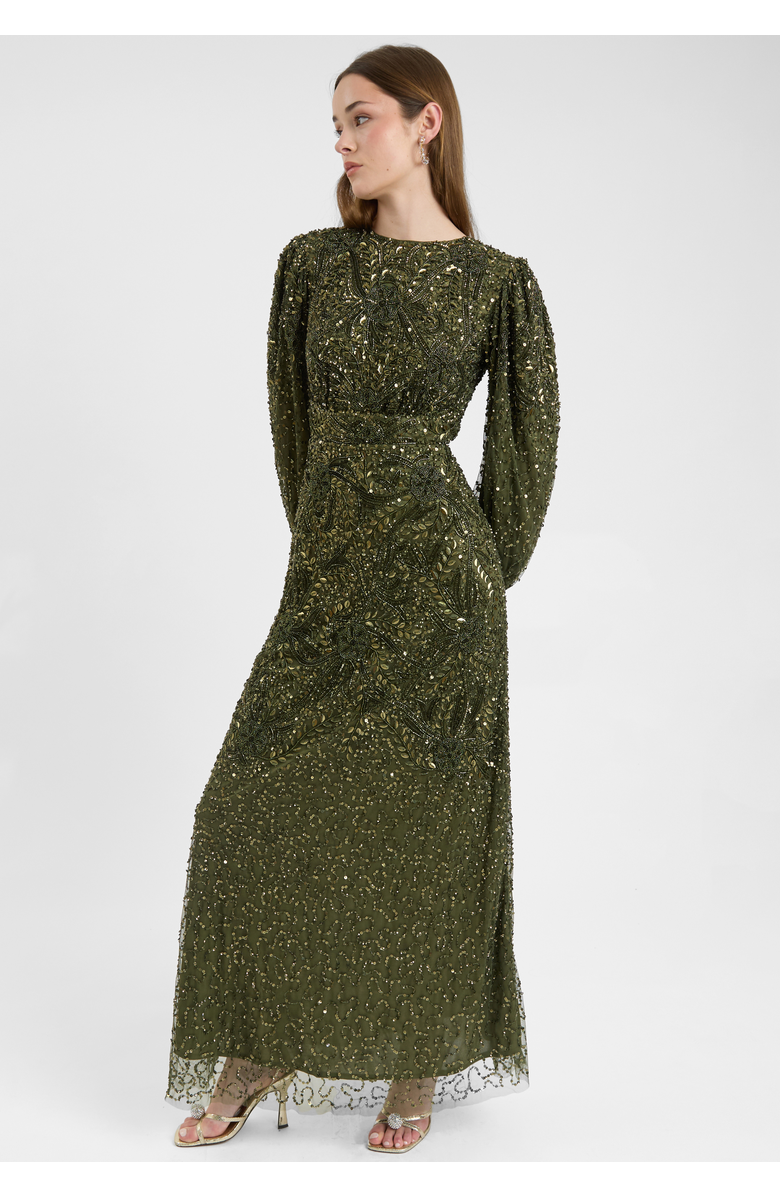 MARYISA Modest Embellished Sequin Beaded Dress Maxi With loose Cuff Sleeves, Alternate, color, Olive