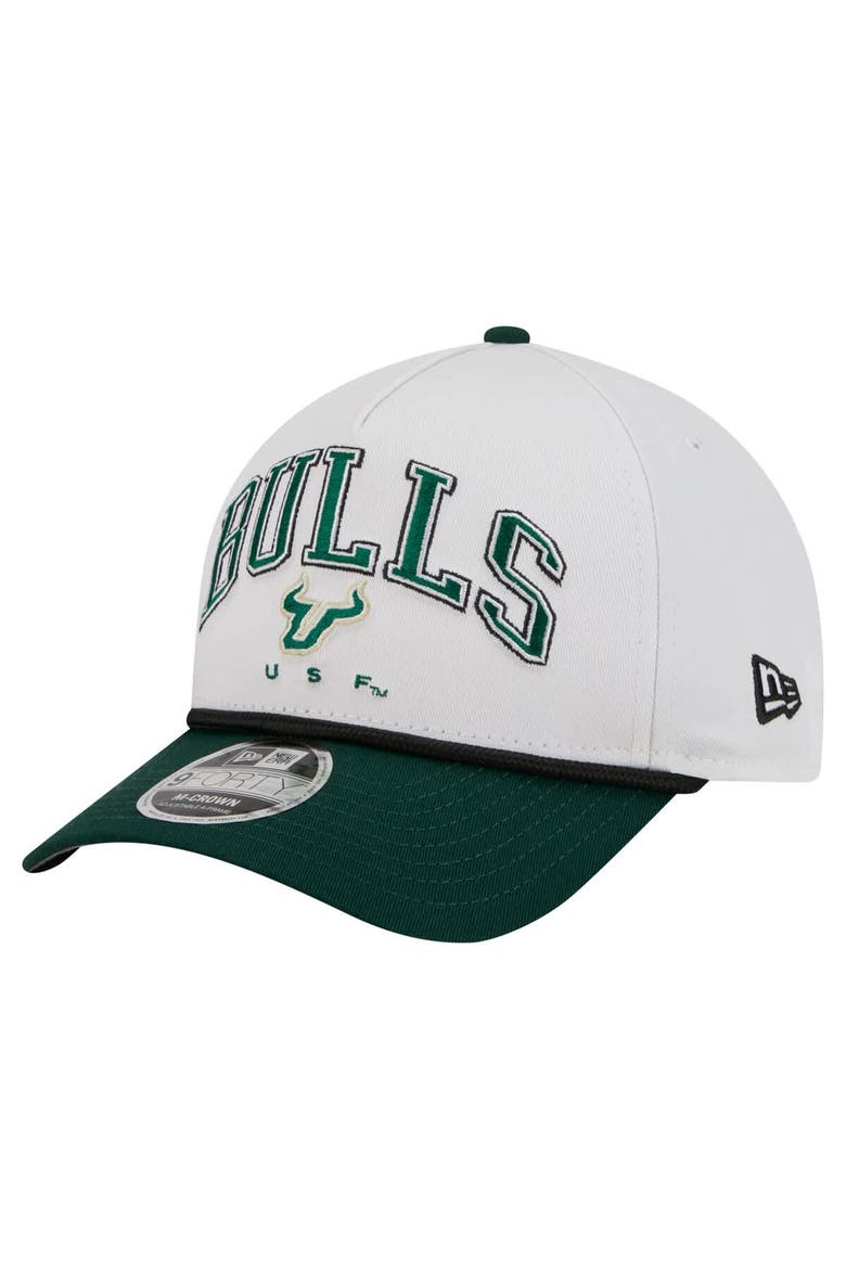 Men's New Era White/Green South Florida Bulls Arch Two-Tone Rope 9FORTY A-Frame M-Crown Adjustable Hat, Main, color, White