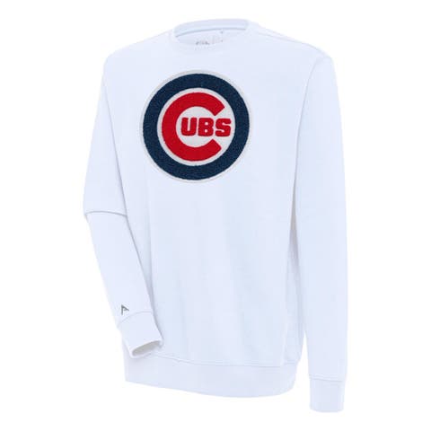 Men's Antigua  White Chicago Cubs Victory Crewneck Chenille Pullover Sweatshirt