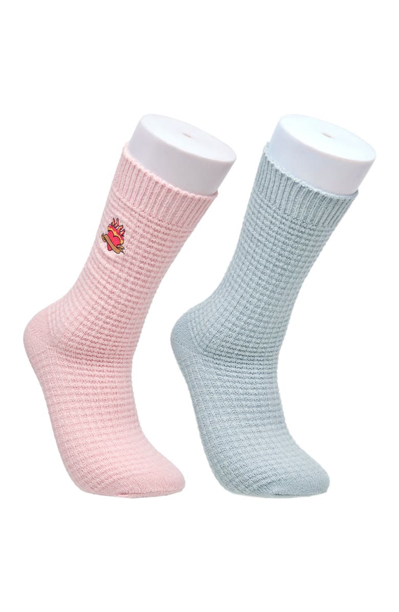Ed Hardy Womens Heart Embroidery Waffle Knit Flat Slouchy Sock 2-Pack, Main, color, Grey Pink