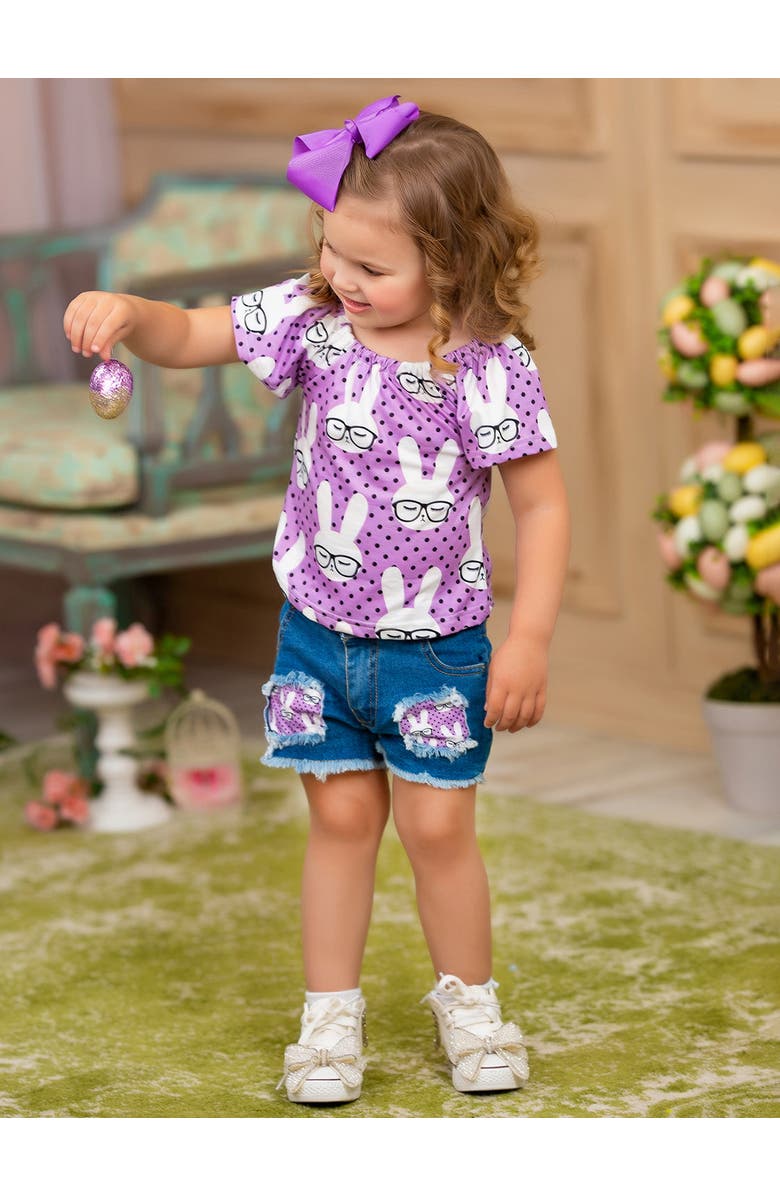 Mia Belle Girls Girls Smart Bunnies Polka Dot Denim Shorts Set, Alternate, color, Purple