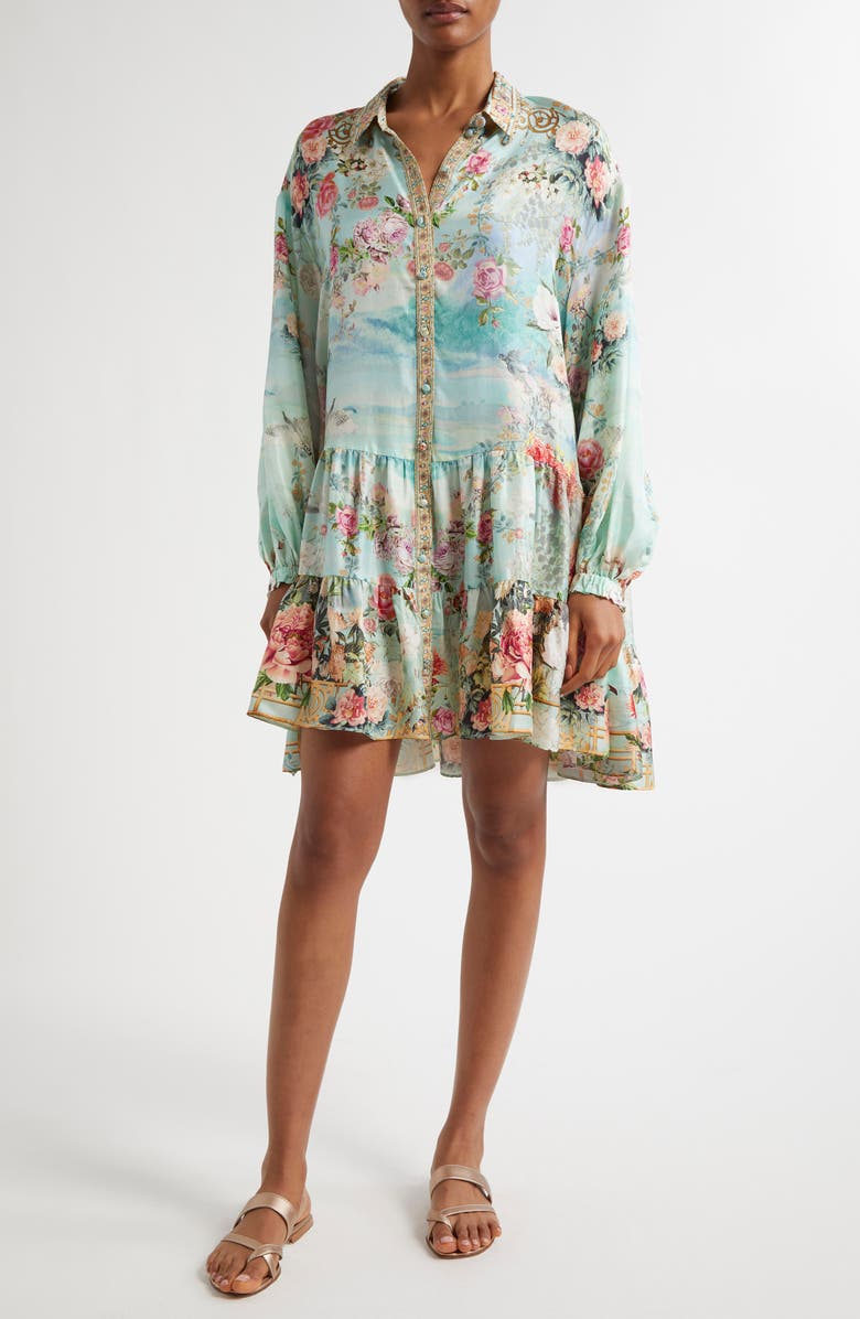 Camilla The Jewelry Museum Tiered Long Sleeve Silk Shirtdress, Main, color, 