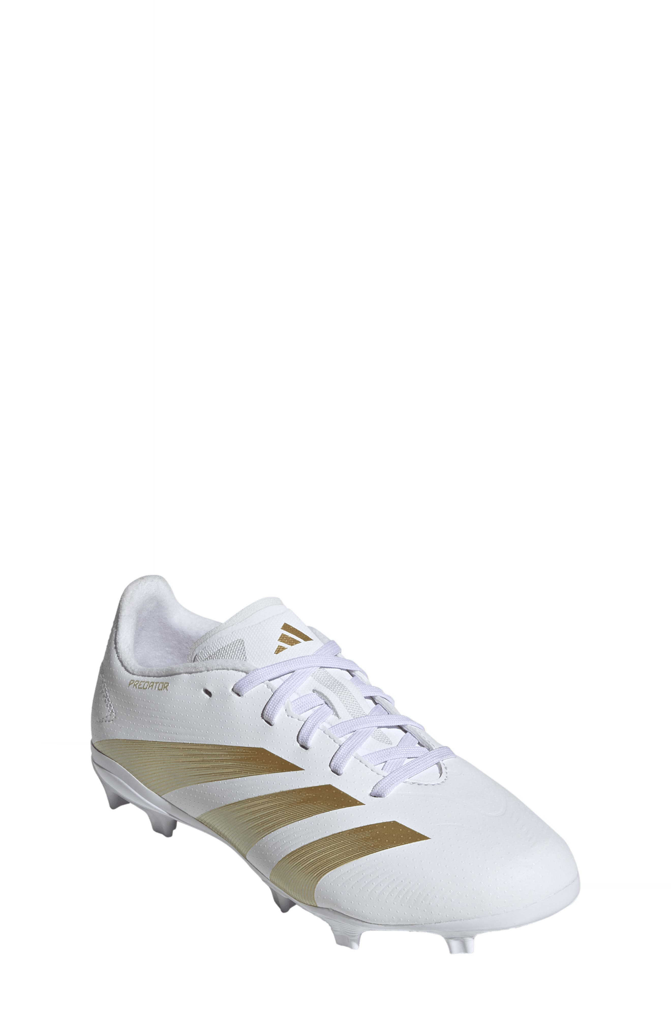 adidas Kids' Predator League Firm Ground Soccer Cleat in White/Gold/Beige Metallic 