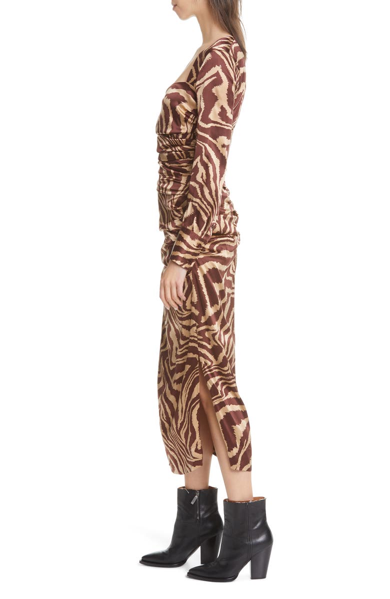 Ganni Tiger Stripe Stretch Silk Long Sleeve Silk Midi Dress, Alternate, color,