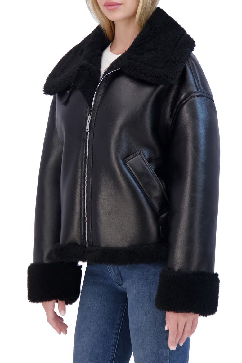 Faux Shearling Trimmed Faux Leather Jacket, Alternate, color, BLACK