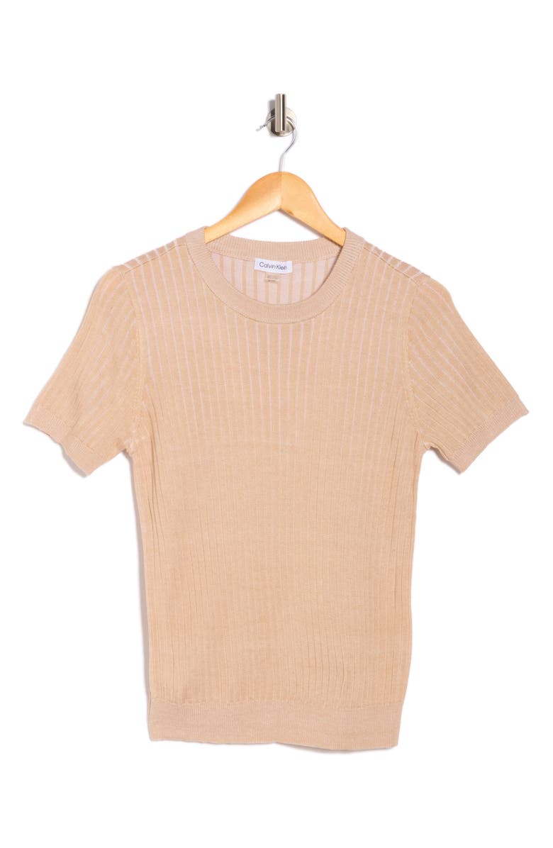 Calvin Klein Rib Short Sleeve Sweater, Alternate, color, Latte