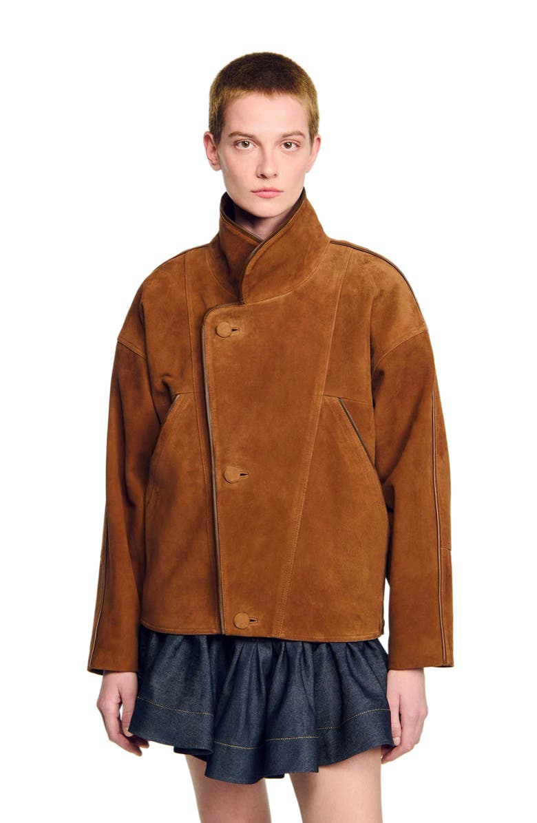 SANDRO Oversized suede jacket, Alternate, color, Brown