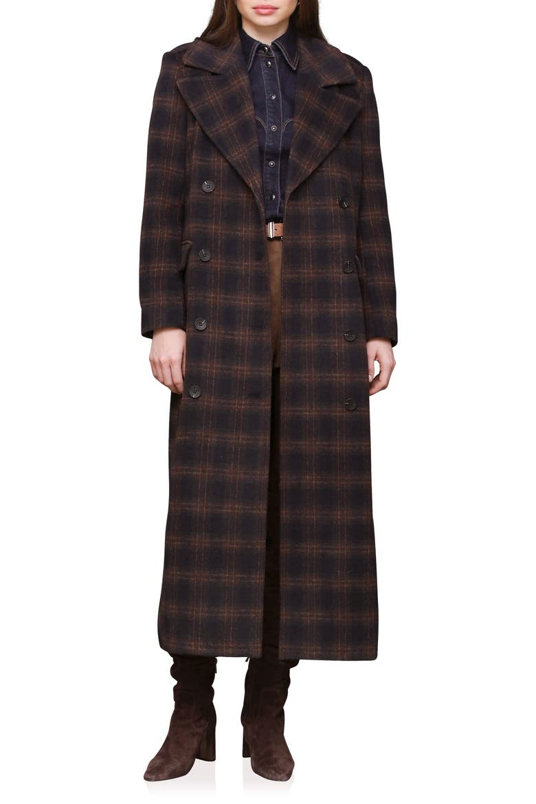 Double Breasted Tailored Maxi Coat, Main, color, NAVY-BURGUNDY PLAID