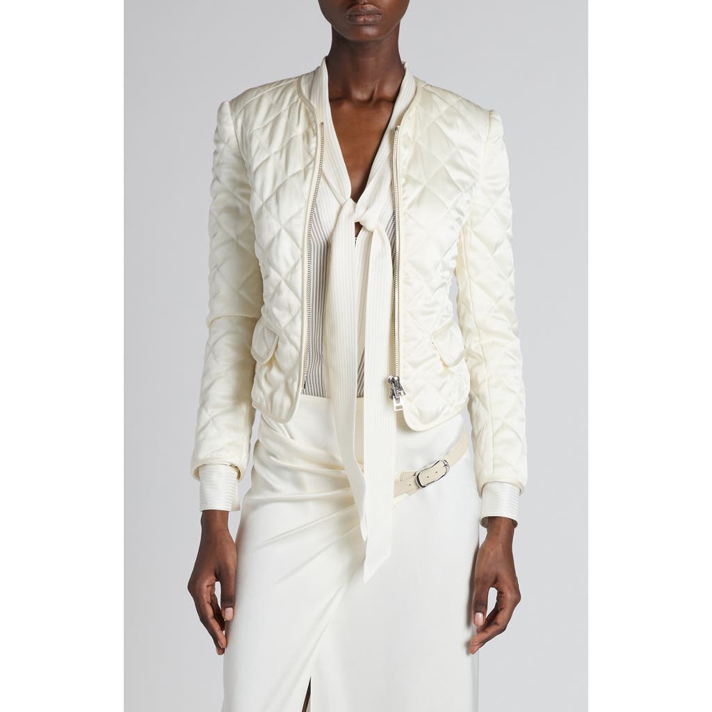 Tom Ford Quilted Silk Zip Jacket In Grunge White