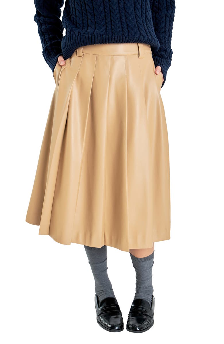 English Factory Pleated Faux Leather Skirt, Alternate, color, Taupe
