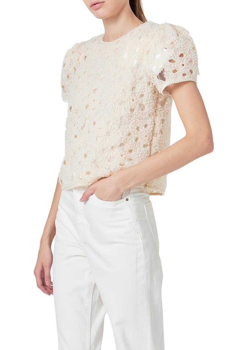 Faux Pearl Texture Puff Sleeve Top, Alternate, color, CHAMPAGNE