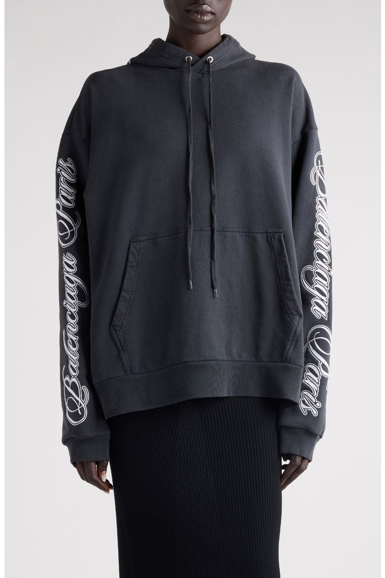 Oversize Logo Cotton Hoodie, Main, color, 6552 WASHED BLACK 2/ WHITE