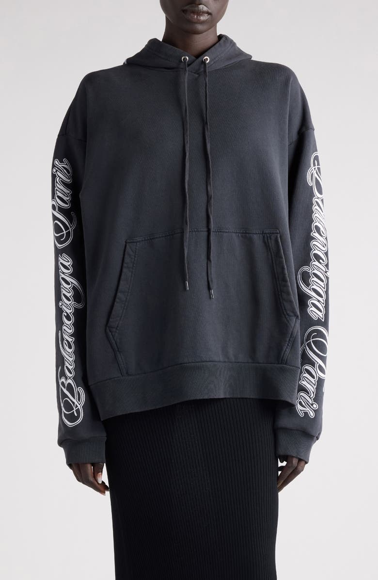Balenciaga Oversize Logo Cotton Hoodie, Main, color, 6552 Washed Black 2/ White