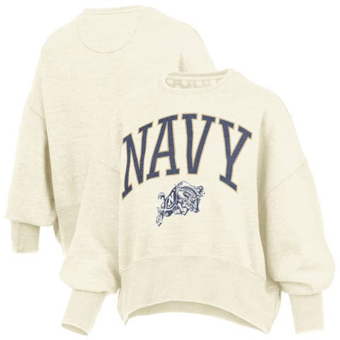 Women
s Pressbox Natural Navy Midshipmen Oversized Waist-Length Crewneck Sweatshirt