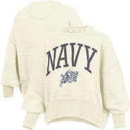 PRESSBOX Women's Pressbox Natural Navy Midshipmen Oversized Waist-Length Crewneck Sweatshirt