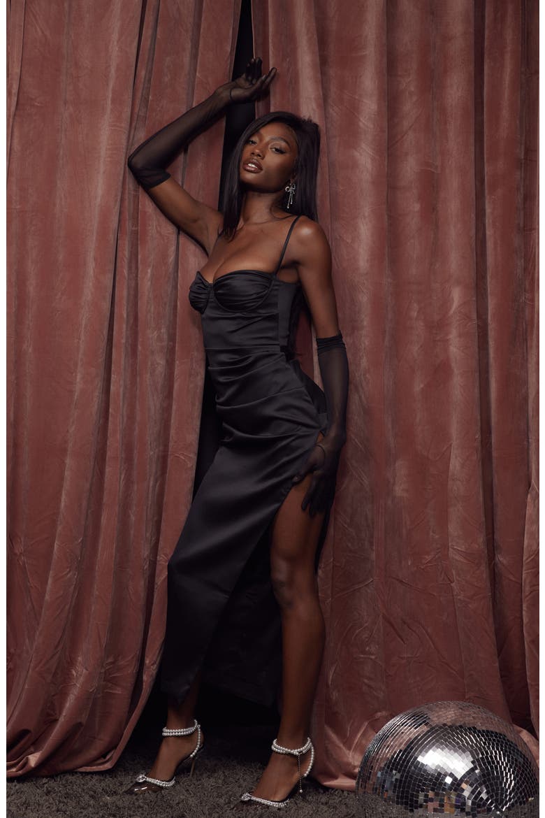 Flora Pleat Corset Midi Dress, Alternate, color, BLACK