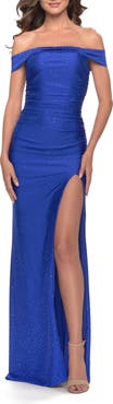 La Femme Rhinestone Off the Shoulder Dress with Lace Up Back