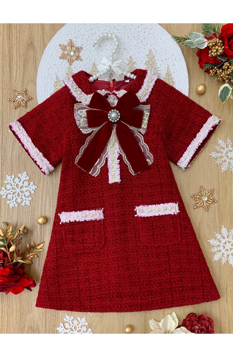 Mia Belle Girls Cozy Meets Chic Tweed Dress, Alternate, color, Burgundy