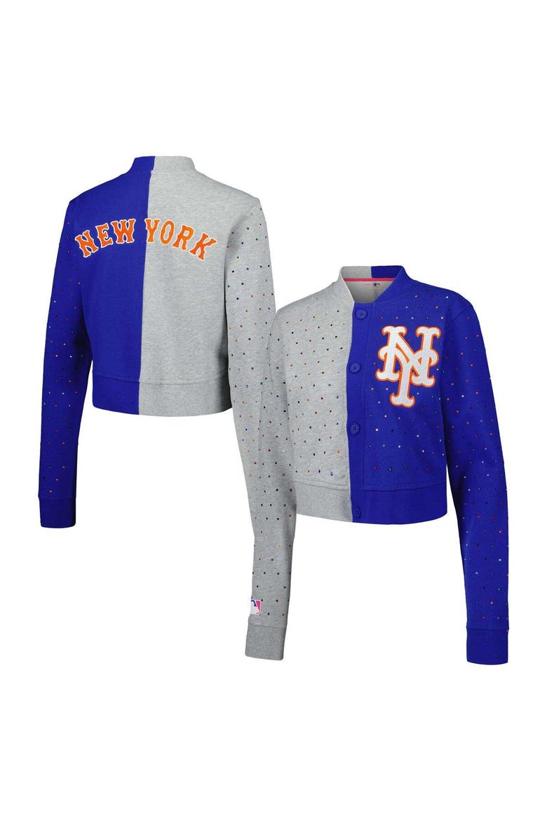 Women's Terez Gray/Royal New York Mets Cropped Button-Up Cardigan, Alternate, color, Gray