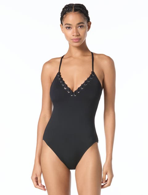 Laced Grommets Cross Back One-Piece Swimsuit