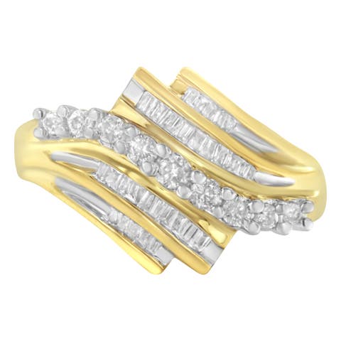 10K Yellow Gold Round and Baguette 1/2 Cttw Diamond-Cut Ring