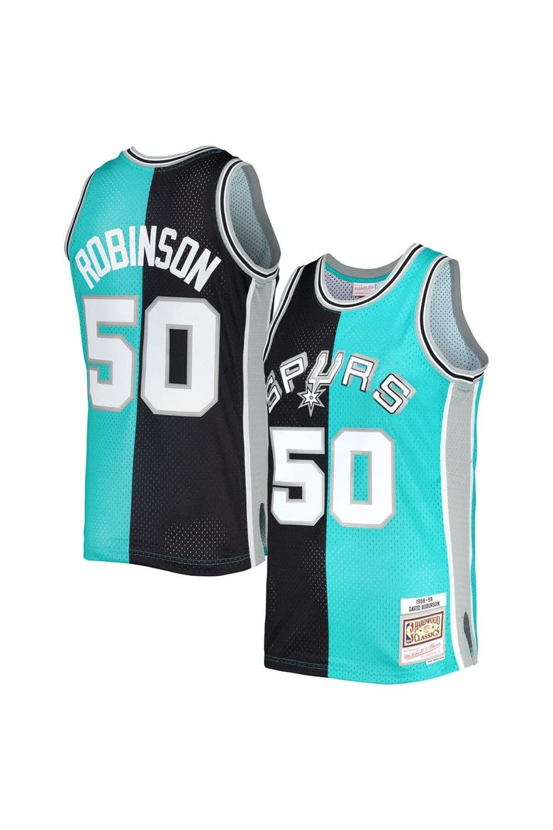 Men's Mitchell & Ness David Robinson Black/Teal San Antonio Spurs Hardwood Classics 1998/99 Split Swingman Jersey, Main, color, Black