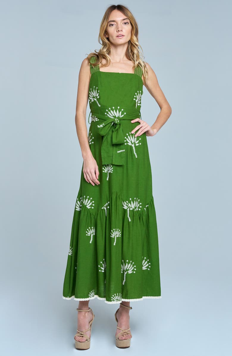 CIEBON Sadira Embroidered Tie Belt Tiered Sundress, Alternate, color, Green