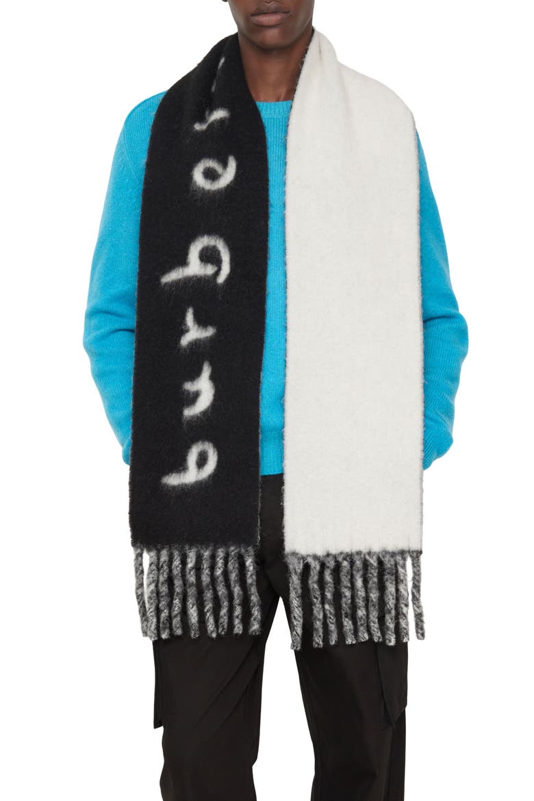 Burberry Logo Text Jacquard Reversible Alpaca & Wool Blend Fringe