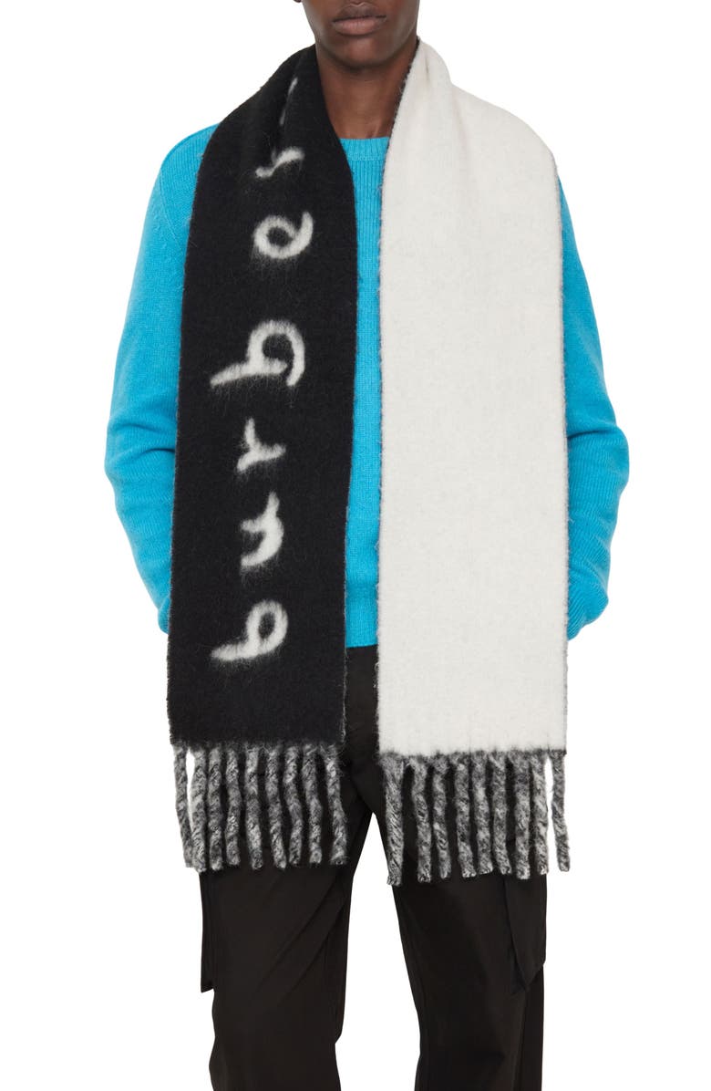Burberry Logo Text Jacquard Reversible Alpaca & Wool Blend Fringe Scarf, Alternate, color, Black