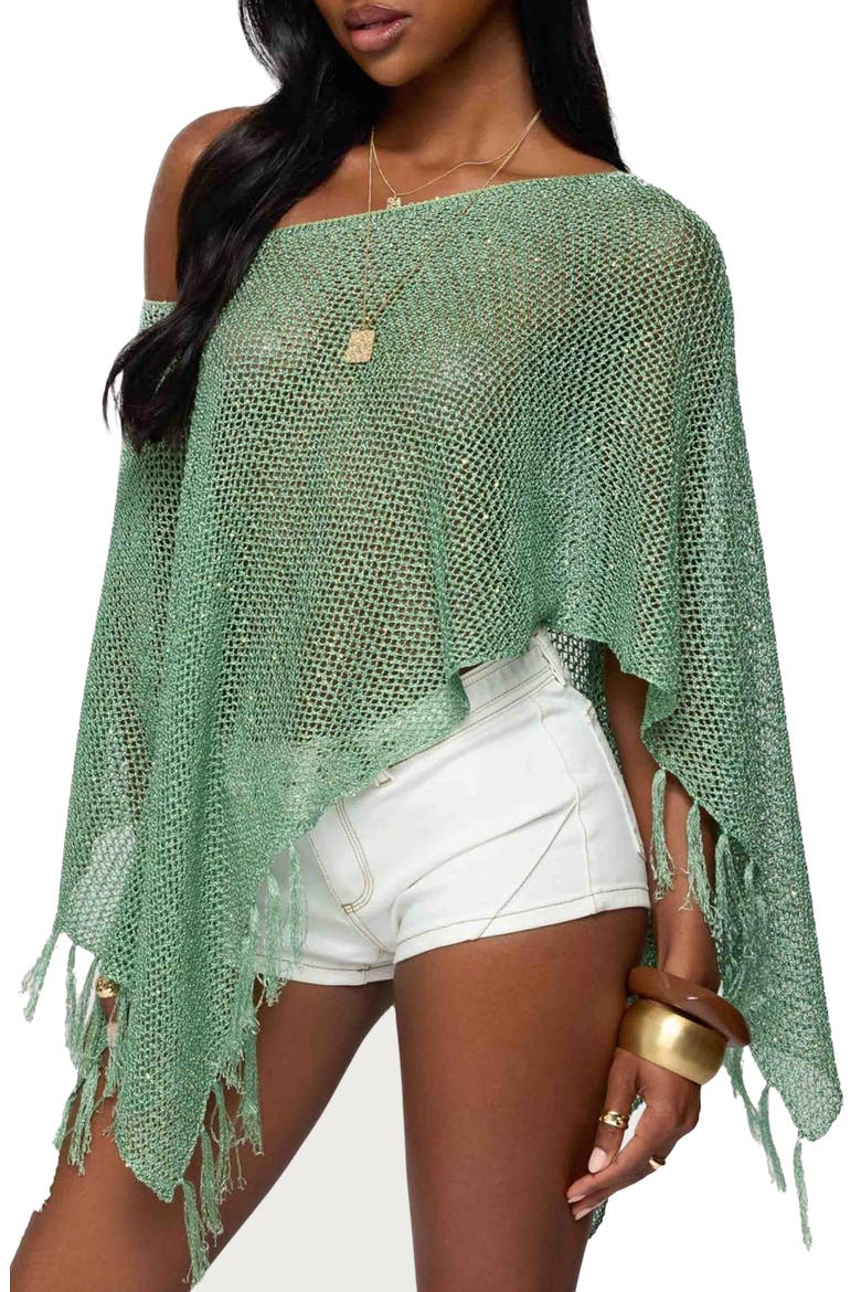 Sequin Fringe Knit Poncho, Alternate, color, GREEN