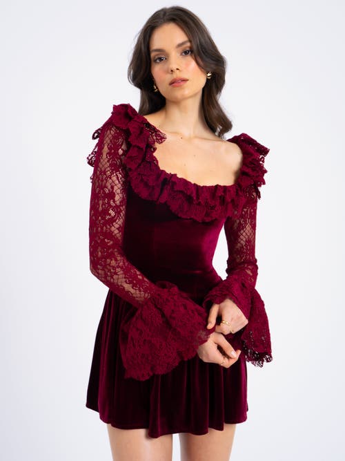 Miss Circle Women Yachira Burgundy Velvet Lace Flare Sleeve Mini Dress In Red