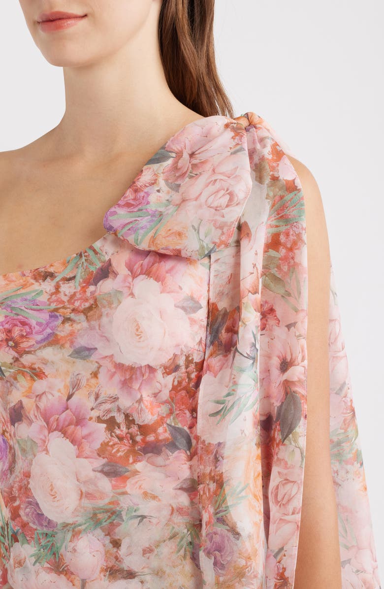 Lulus Amara Floral Print One-Shoulder Chiffon Gown, Alternate, color, Pink Floral