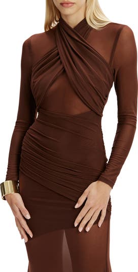 Marice Wrap Long Sleeve Mesh Maxi Dress