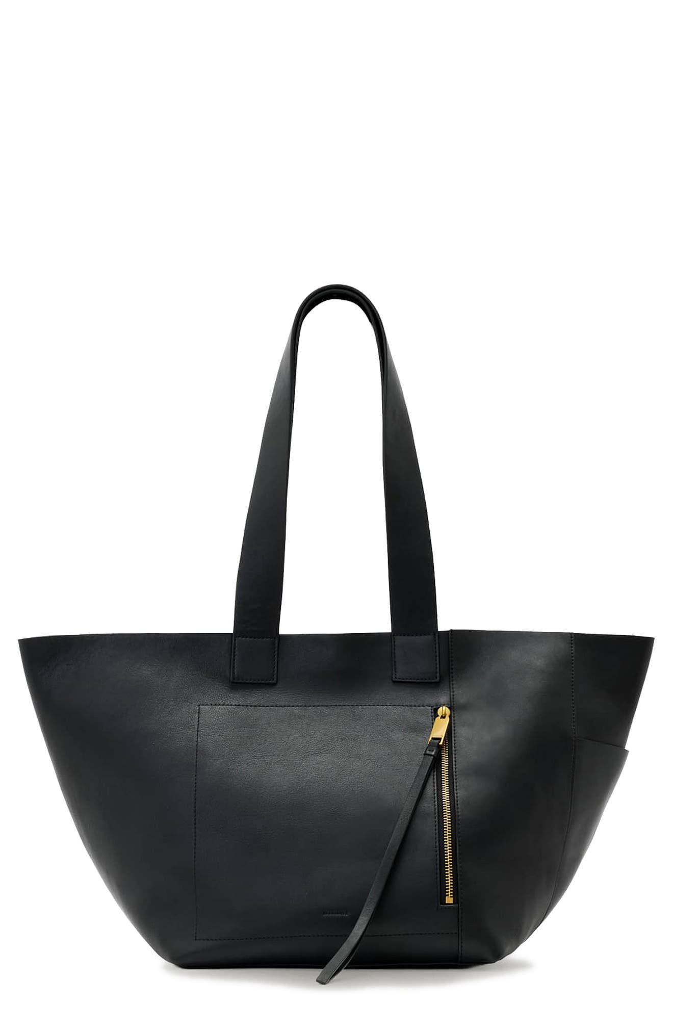 AllSaints Alba Leather/West Tote, Main, color, Black