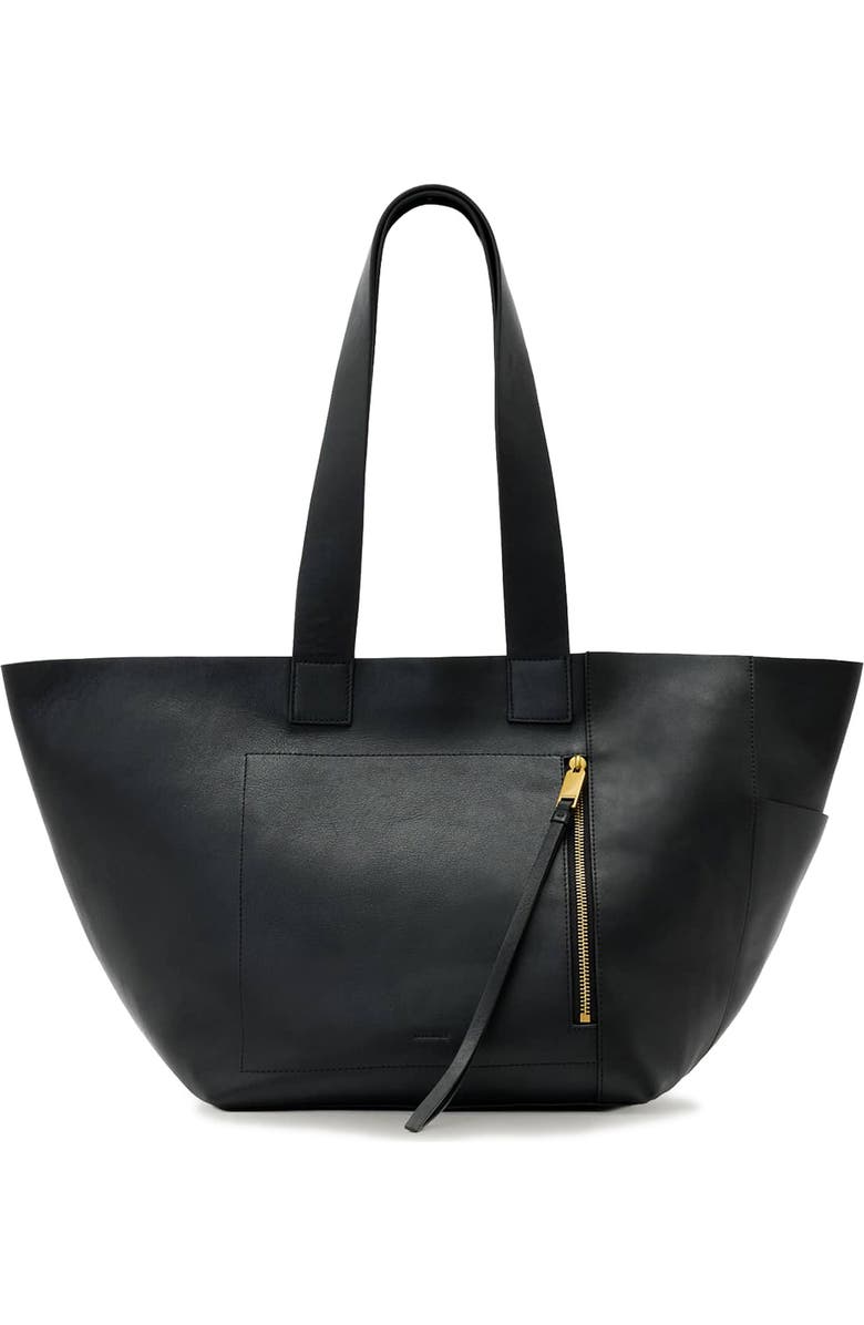 AllSaints Alba Leather/West Tote, Main, color, Black