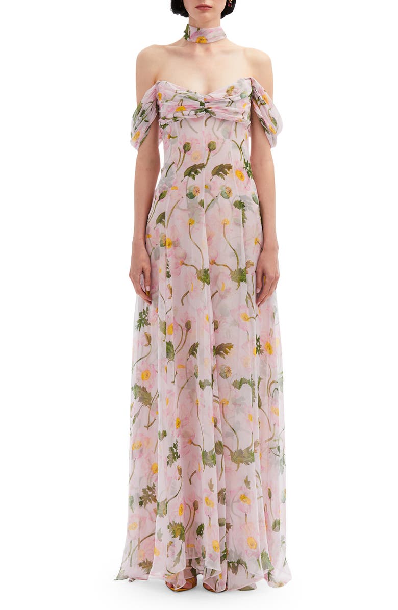 Oscar de la Renta Poppy Print Ruched Off the Shoulder Silk Chiffon Gown, Main, color,