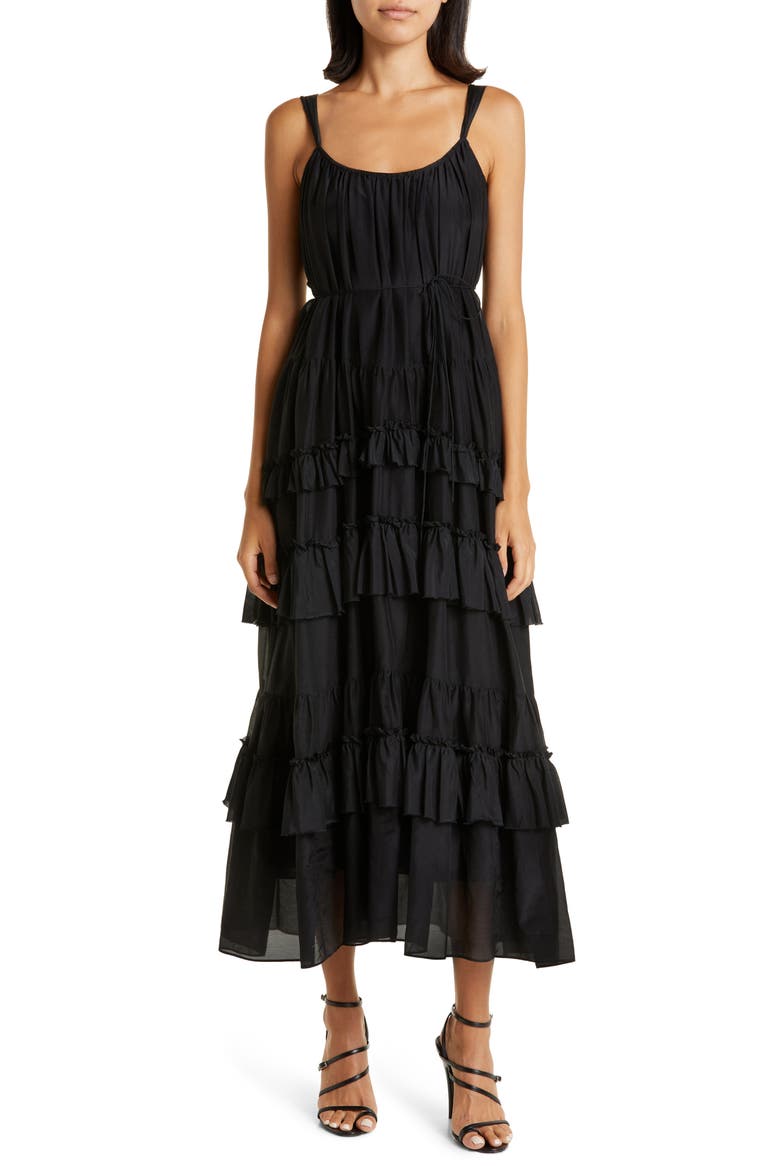 Kandra Ruffle Tiered Cotton & Silk Blend Dress, Main, color, BLACK