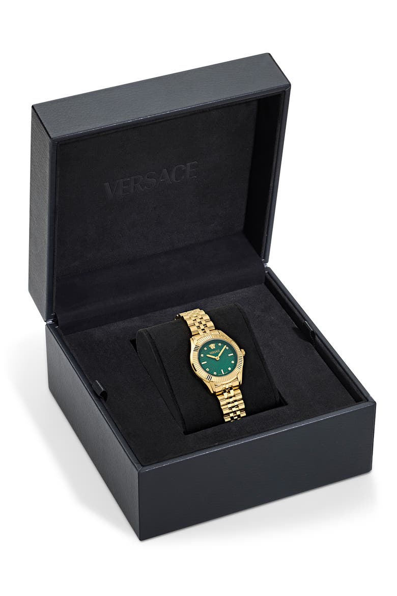 Greca Time Diamond Bracelet Watch, 30mm, Alternate, color, IP YELLOW GOLD/ GREEN