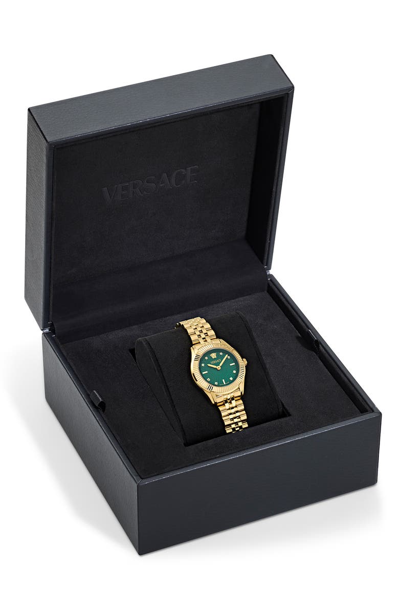 Versace Greca Time Diamond Bracelet Watch, 30mm, Alternate, color, Ip Yellow Gold/ Green