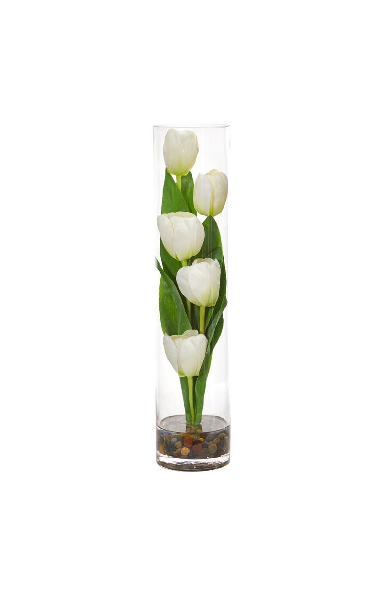 NEARLY NATURAL Tulips Artificial Arrangement in Cylinder Vase, Main, color, White