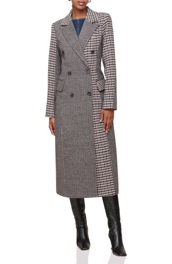 Avec Les Filles Colorblock Houndstooth Double Breasted Coat In Gray