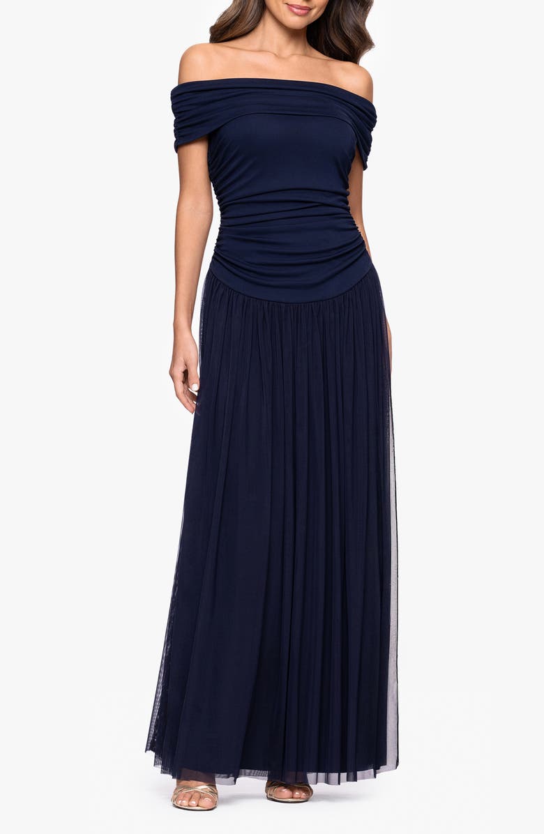 Betsy & Adam Mixed Media Off the Shoulder Gown, Main, color, 