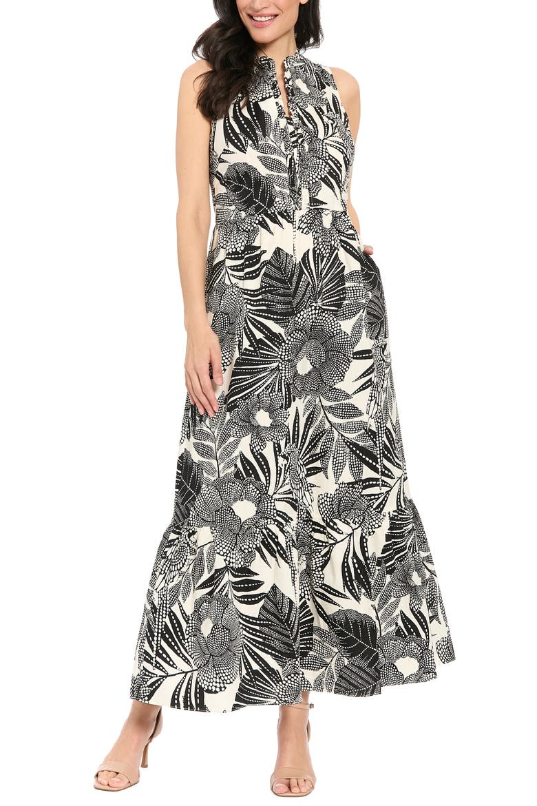 Ruffle Sleeveless Stretch Cotton Maxi Dress, Main, color, BRILLIANT WHITE/ BLACK
