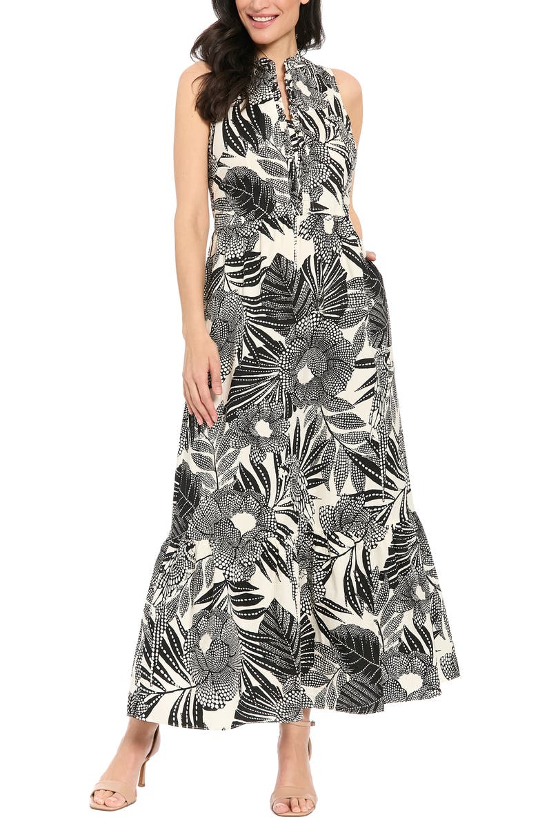 London Times Ruffle Sleeveless Stretch Cotton Maxi Dress, Main, color, Brilliant White/ Black