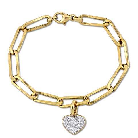 Diamond Heart Charm Oval Link Bracelet 14k