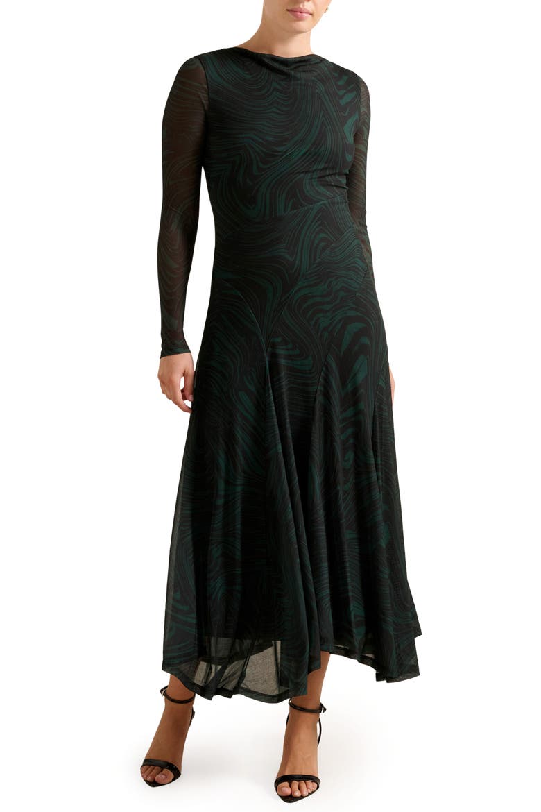 Tanny Long Sleeve Asymmetric Hem Mesh Midi Dress, Main, color, GREEN KALLARA